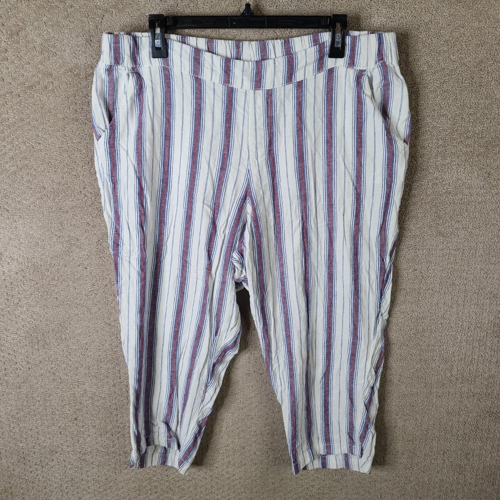DIP Pants Womens 16 White Red Blue Striped Capri‎ Linen Blend Pull On